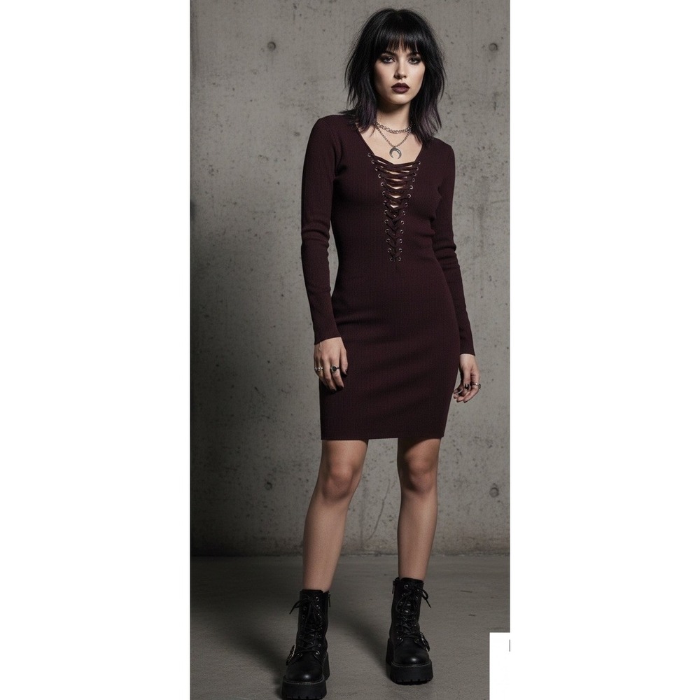 🔥BEBE🖤Ribbed Lace Up Dress Whimsigoth Celestial Grunge Boho Bodycon‎ Xl$139